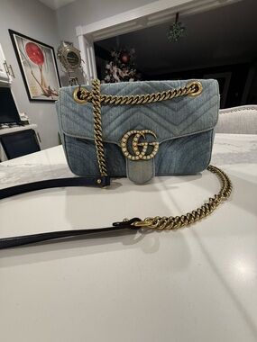 Gucci GG Marmont Denim Pearl Medium Shoulder Bag Blue Matelassé Chain w COA